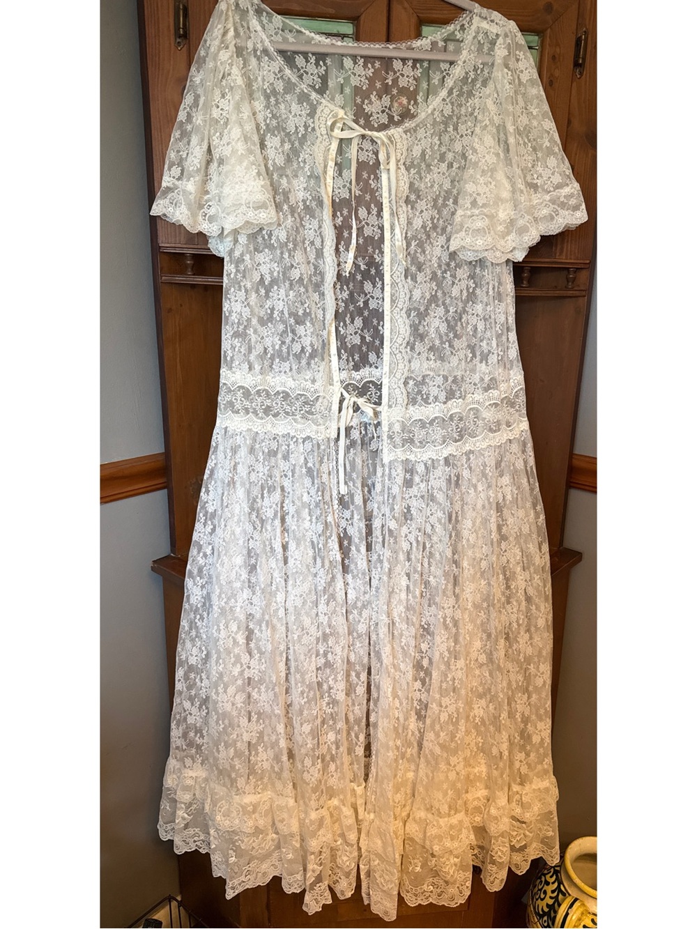 Vintage Romantic sheer cream Lace Drop-Waist Duster Maxi Dress OS